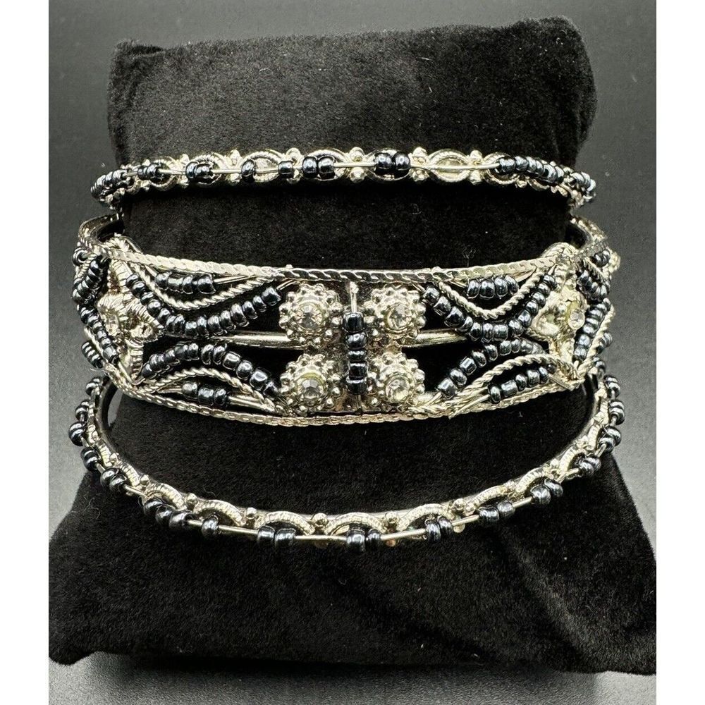 Bangle Bracelet Set Of 3 Silver Tone Dark Blue Seed Beads Clear Rhinestones